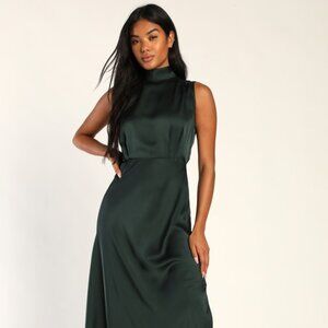 Lulus Classic Elegance Green Satin Sleeveless Mock Neck Maxi Dress - Size L